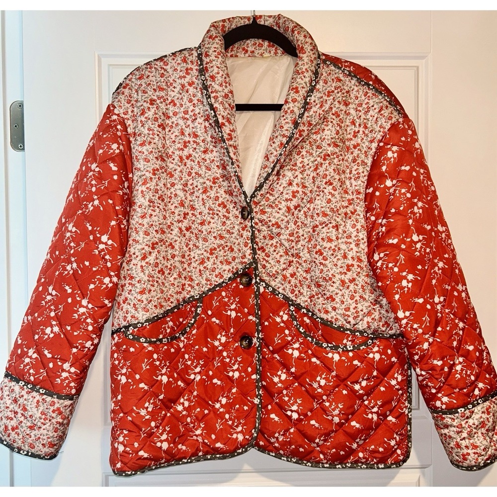 Women's Red White Quilted Floral Jacket L Mid-Length Button Pockets Nylon